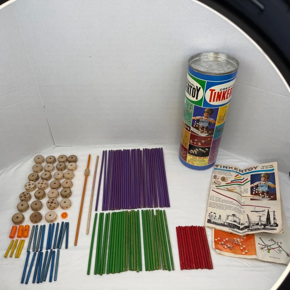 Vintage 1972 Tinkertoy No. 155 Wood Building Set w/ Canister & Manual Incomplete